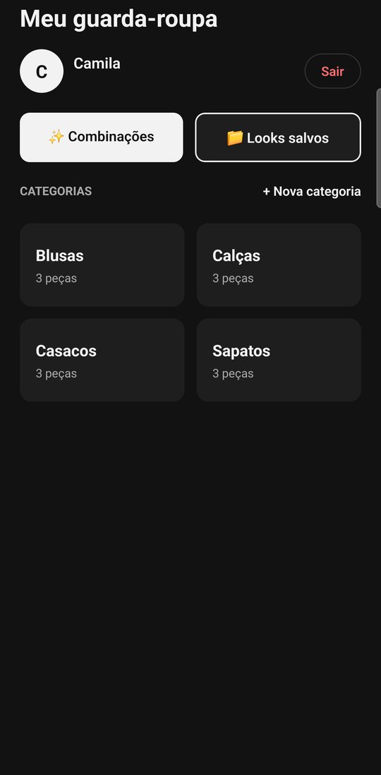 Tela inicial com as categorias do guarda-roupa